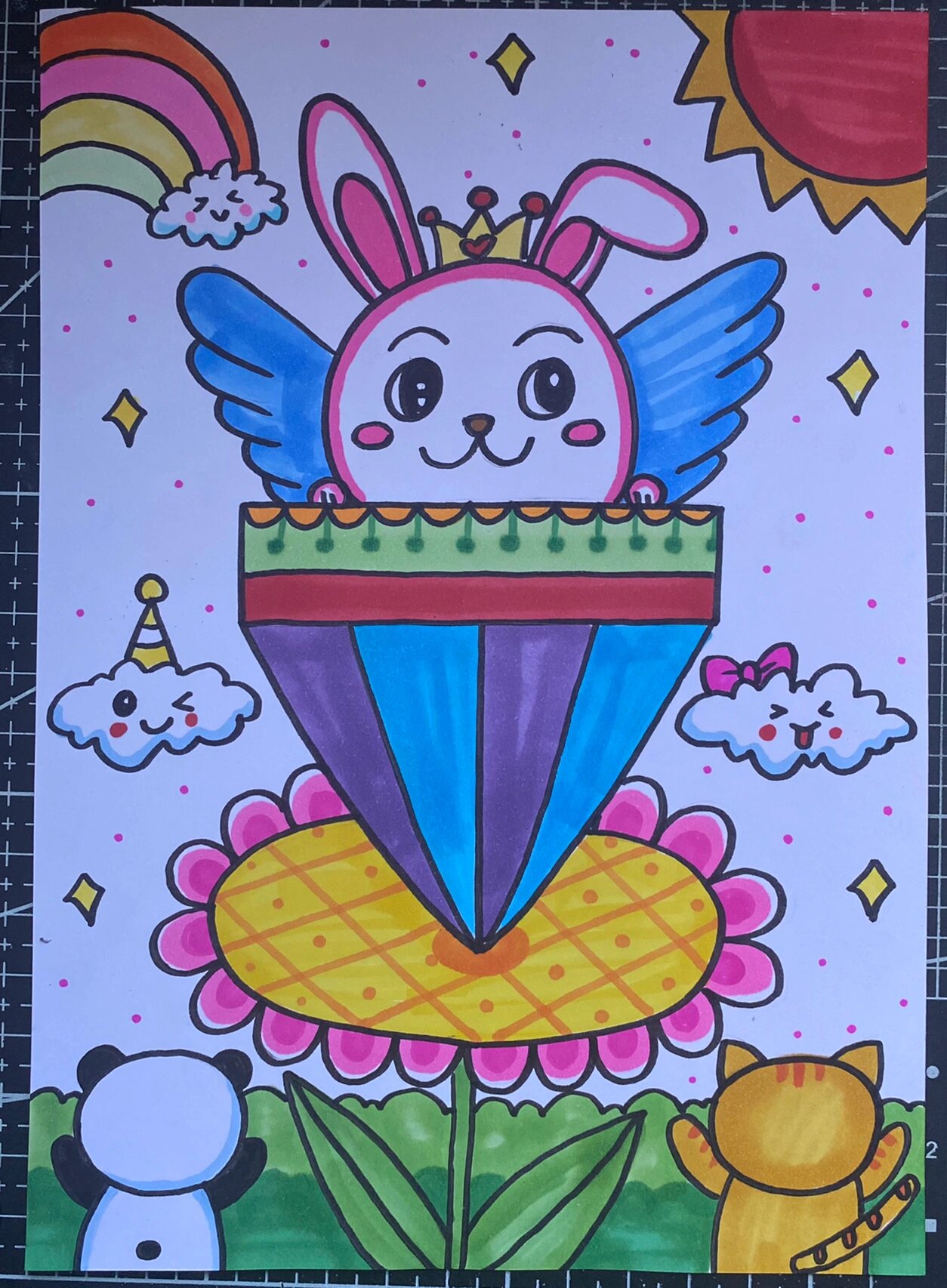 旋转小陀螺儿童画 小兔子陀螺植物花卉