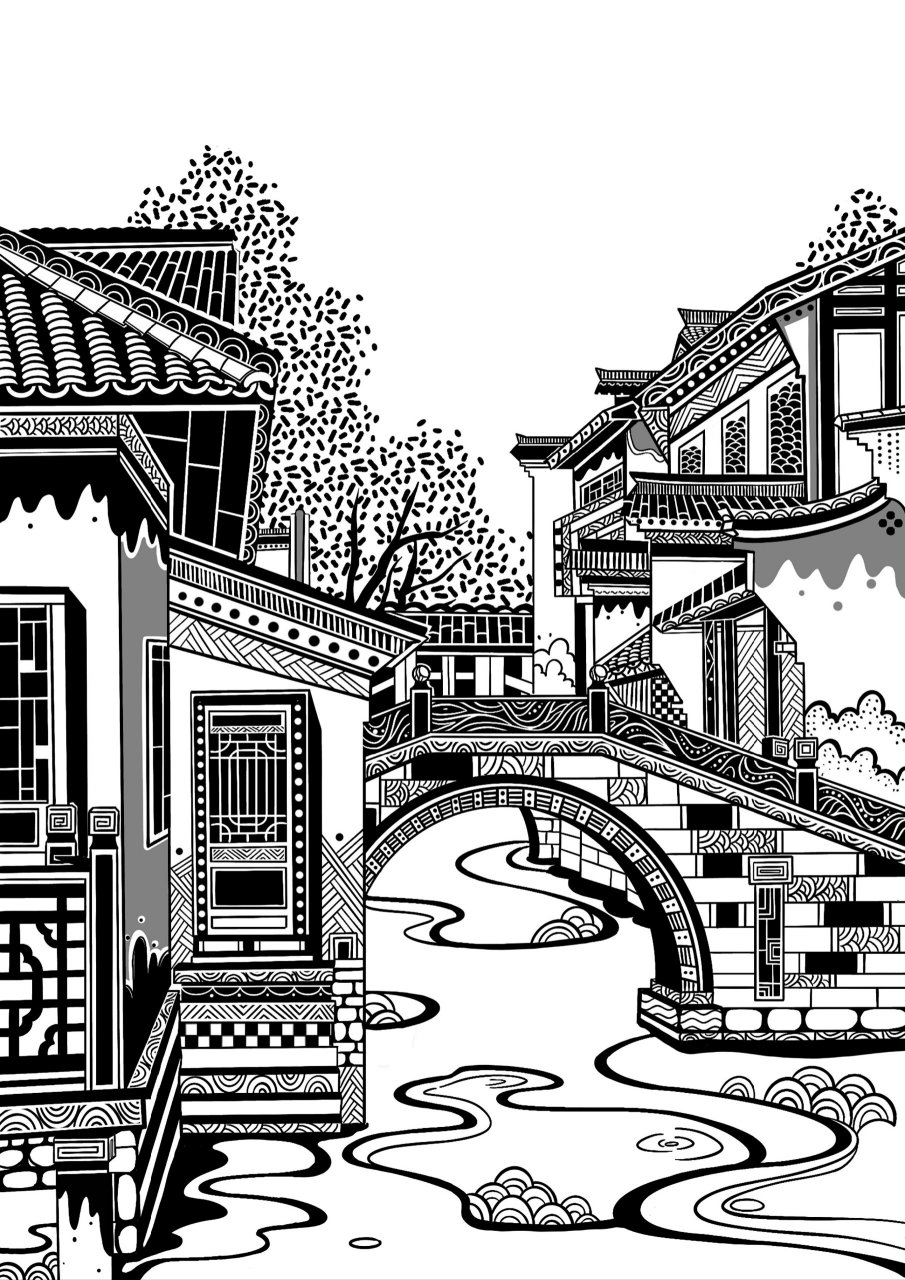黑白装饰画·传统纹样·古建筑 大三时候在 专业考察课程时候画的