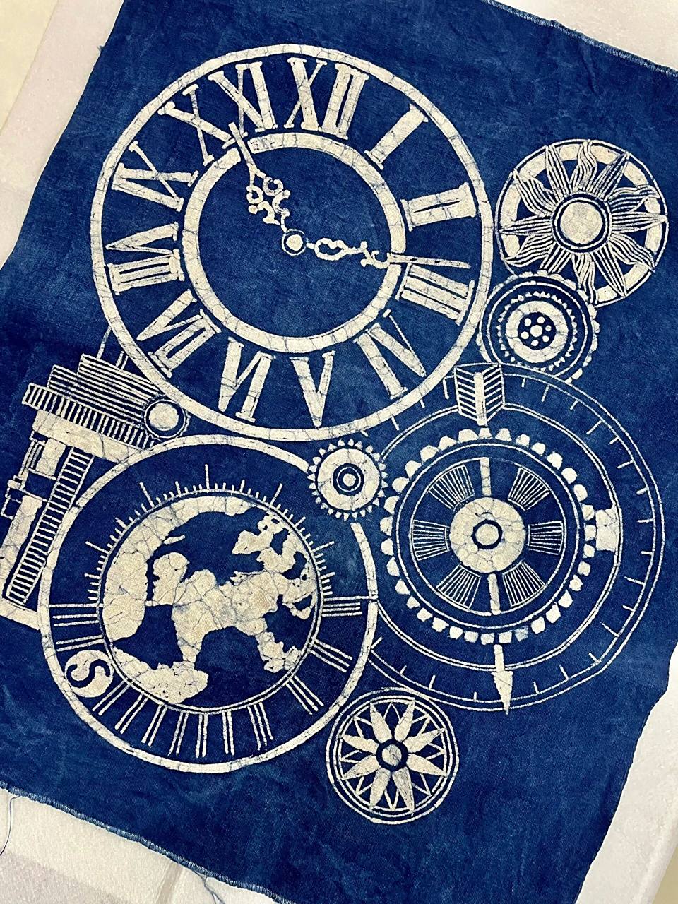 时间齿轮蜡染图案装饰画成品图分享|附草稿