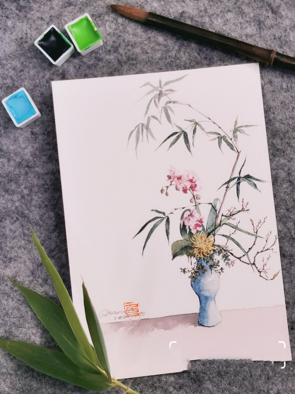 古风水彩花卉 瓶花梅兰竹菊附线稿步骤图 素材来自 吴竹颜彩 黑天鹅