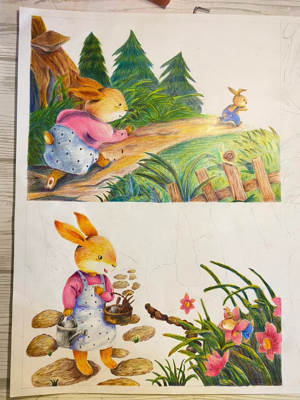 逃家小兔 彩铅故事画 《逃家小兔》临摹故事彩铅画 天空湖水也用了