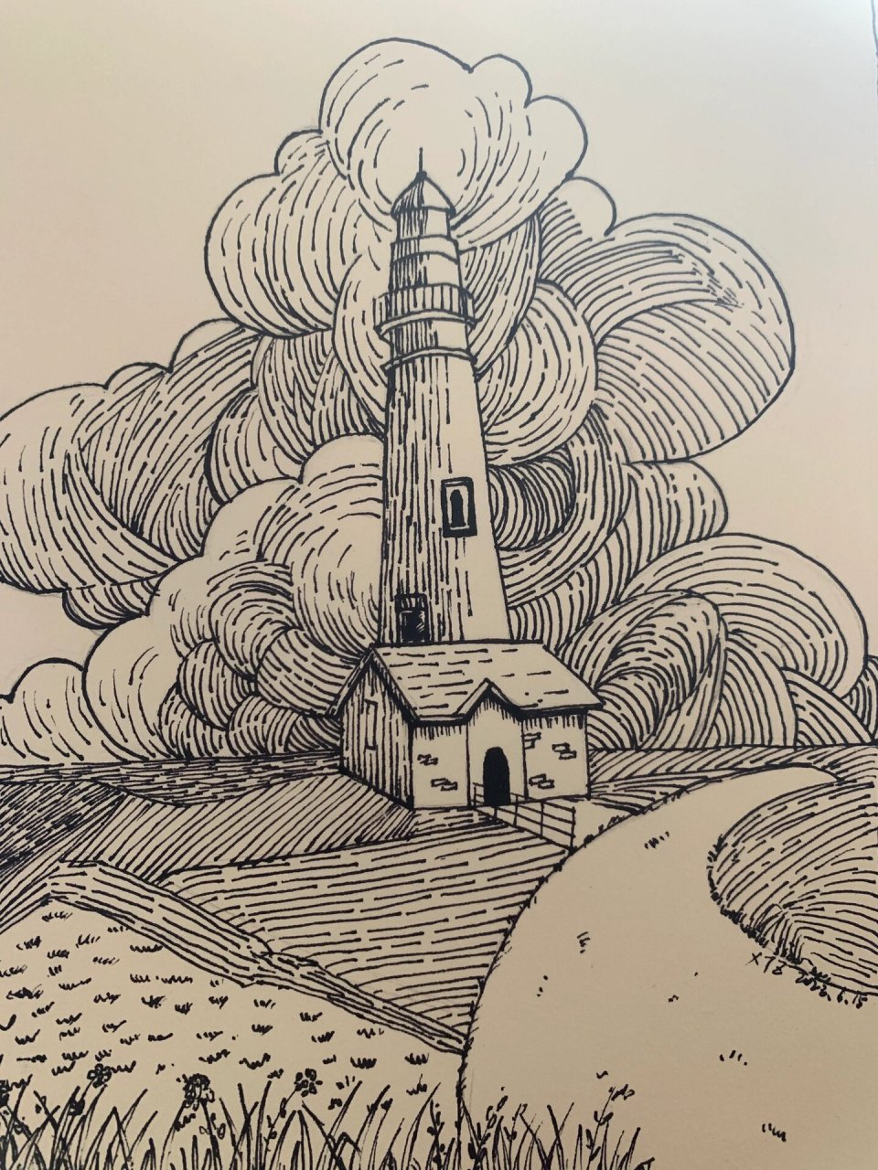 线稿临摹 钢笔速写 白云7815灯塔麦田      有没有认识的姐妹帮我
