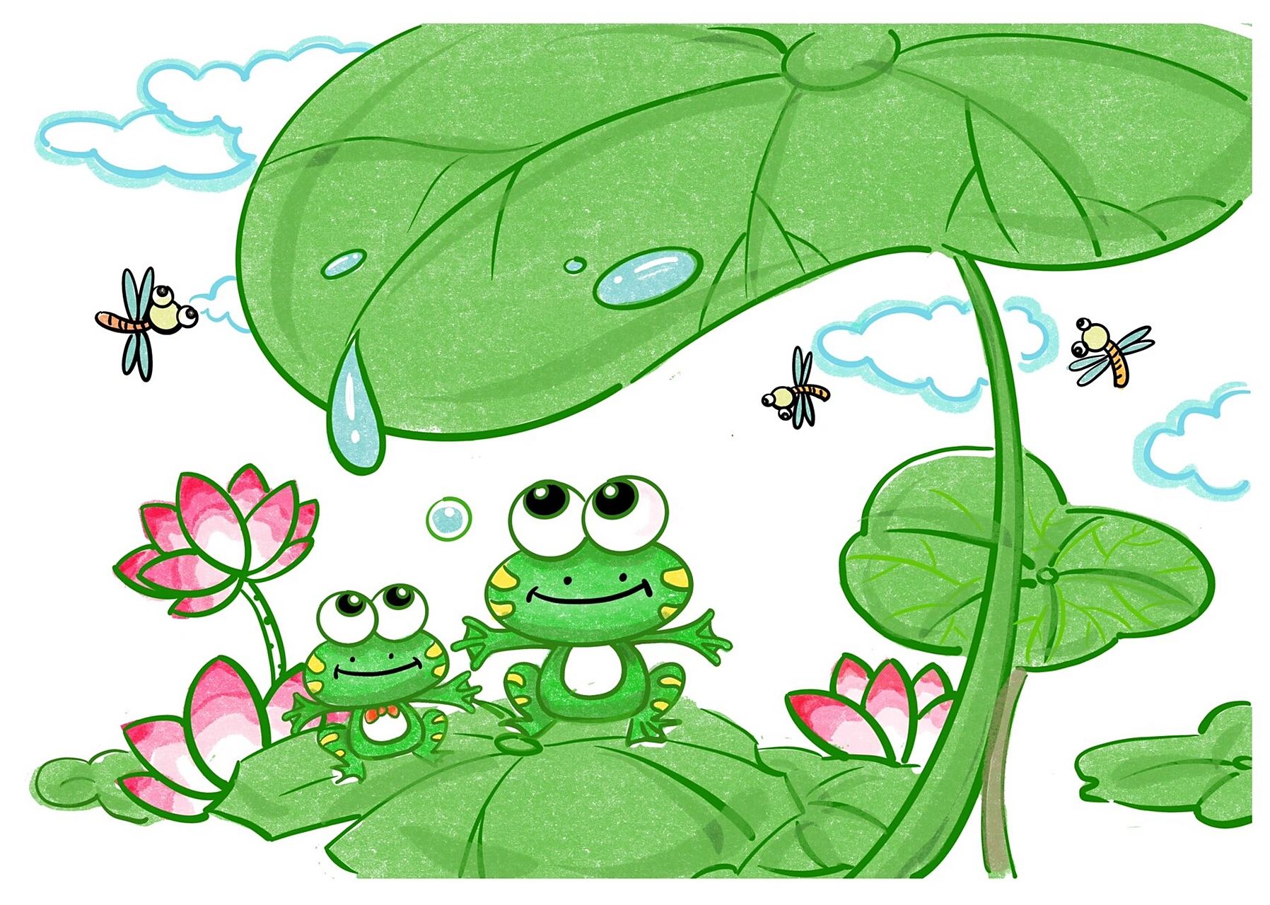 夏天主题画,夏至儿童画,池塘里的小青蛙 夏至|日渐长夜微凉 	 池塘里