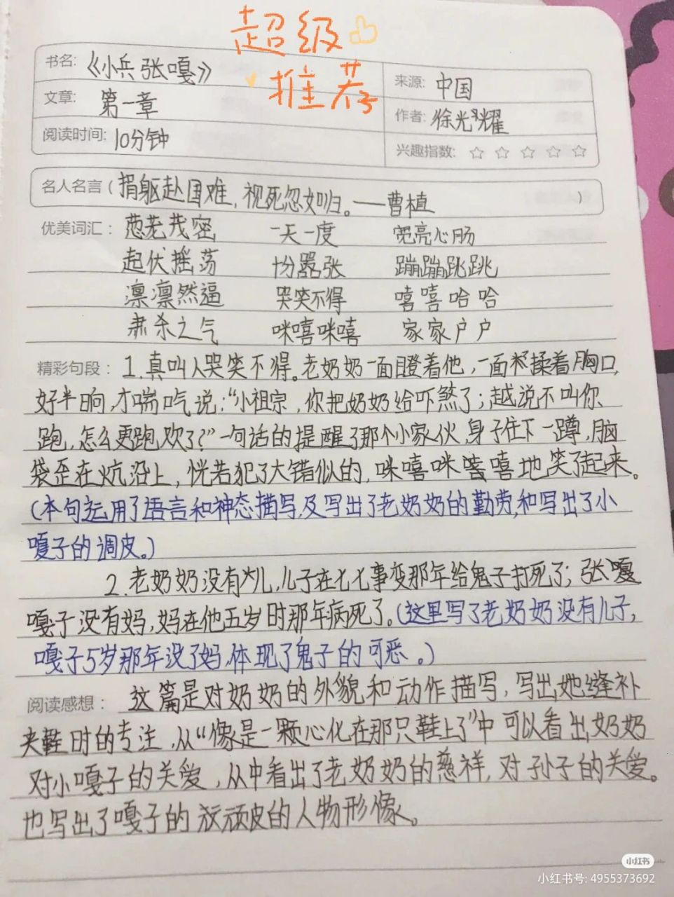 小兵张嘎读书笔记好句图片