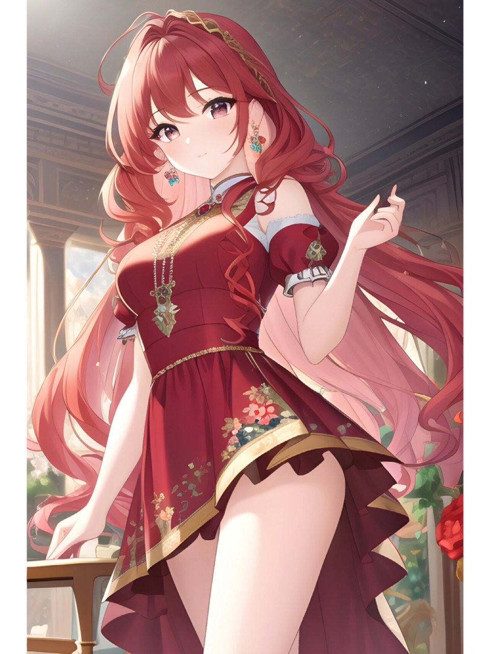 红色高贵连衣裙女子,动漫二次元绘画人物