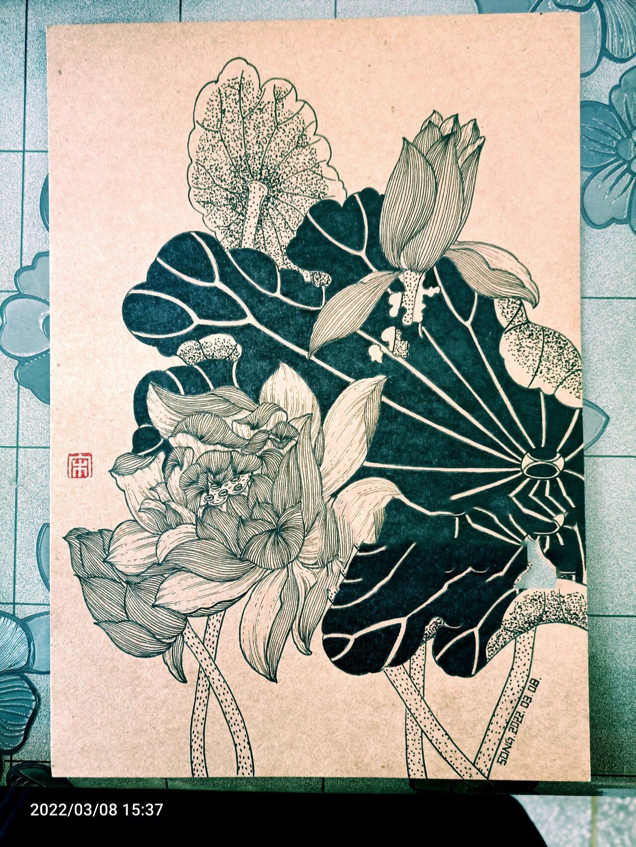 荷花装饰画黑白线描图片