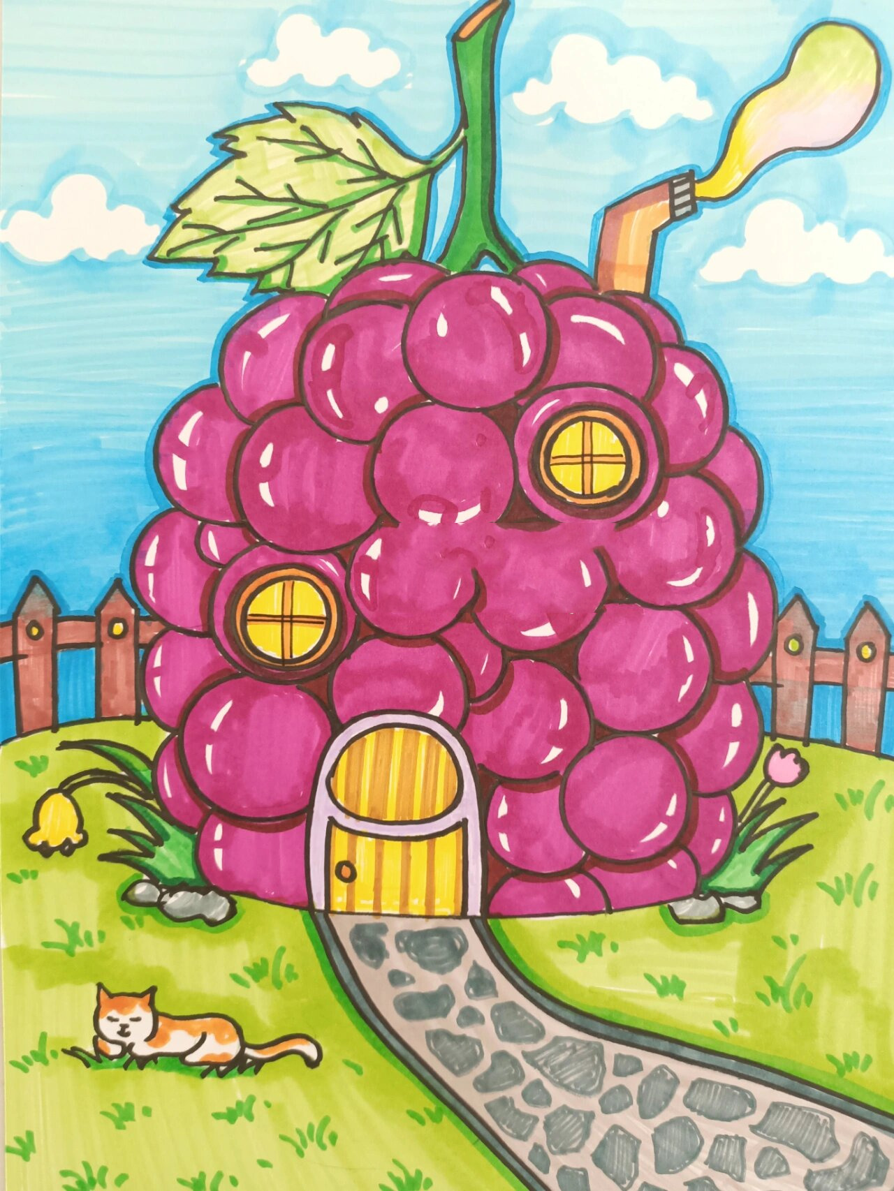 儿童画创意的果蔬房子水果房子葡萄房子