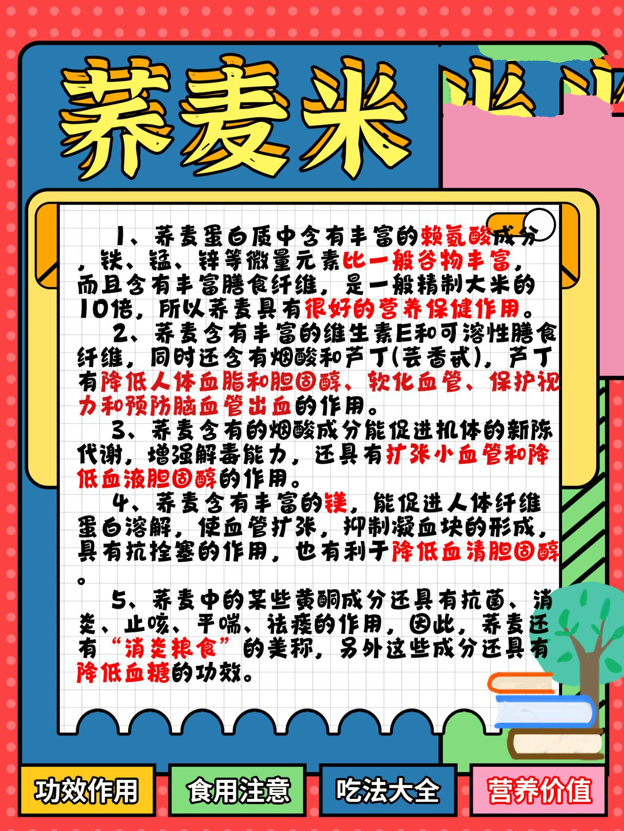 有降低血糖,软化血管,抗衰老和清除自由基的功效,荞麦的吃法有很多