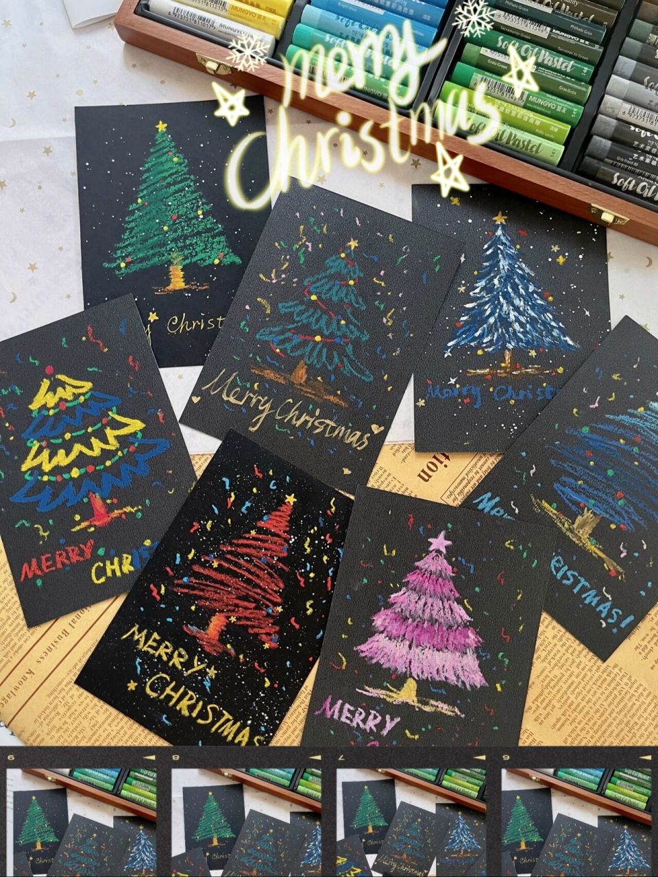 油画棒课程 黑卡纸圣诞树9078 用黑卡纸画了一组简笔画圣诞树90