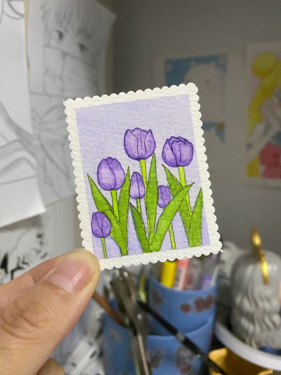 自制郁金香邮票书签92(附过程)简单的浪漫 之前画了粉色郁金香,一直