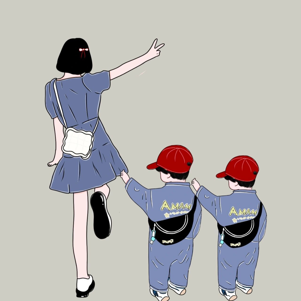 原创手绘亲子头像两个男孩两个女孩两娃亲子  母亲伟大之处:辛苦养儿