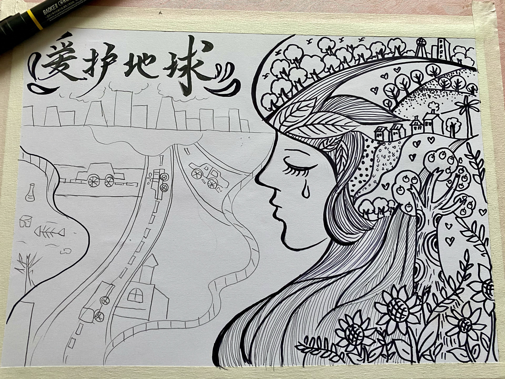 95手抄报|世界地球日 保护环境 95作品名称:让地球妈妈不再哭泣