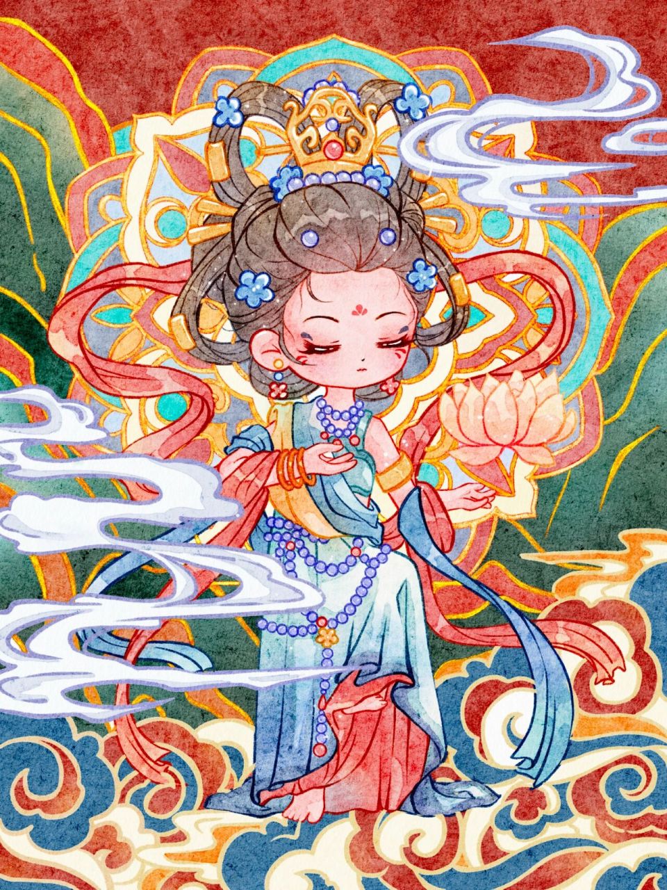 q版全身水彩小人–敦煌上色篇 敦煌上色篇来咯,感谢大家的喜爱 第一张