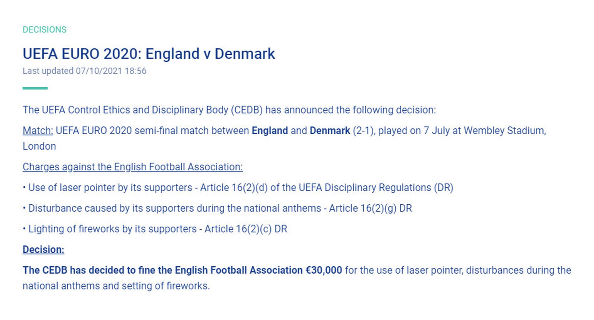 【激光笔事件处罚结果:英足总遭罚款3万欧】  此前结束的英格兰与丹麦