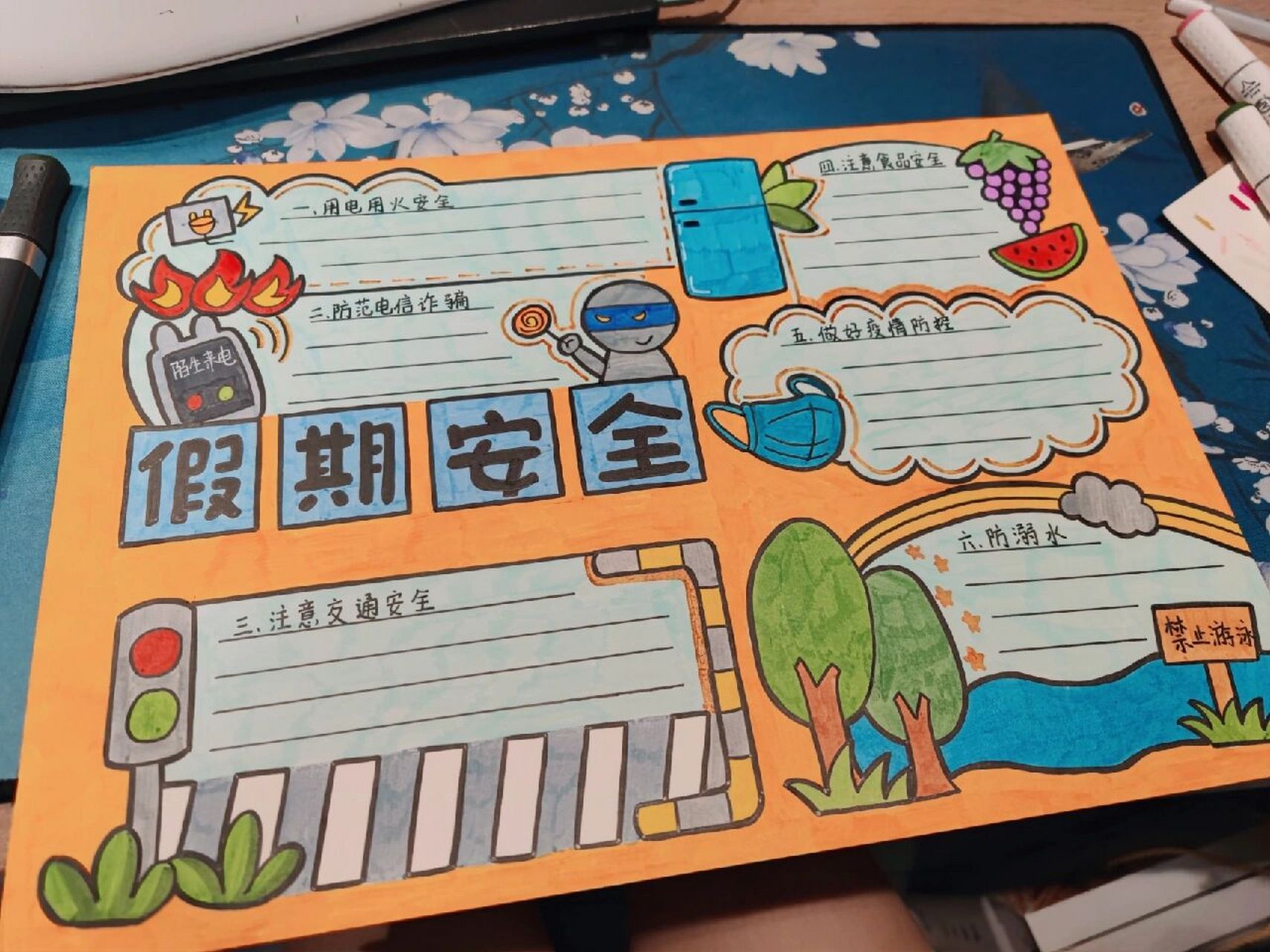 假期安全手抄报 模仿着画的啦 我不是专门画手抄报的,只是偶尔帮朋友