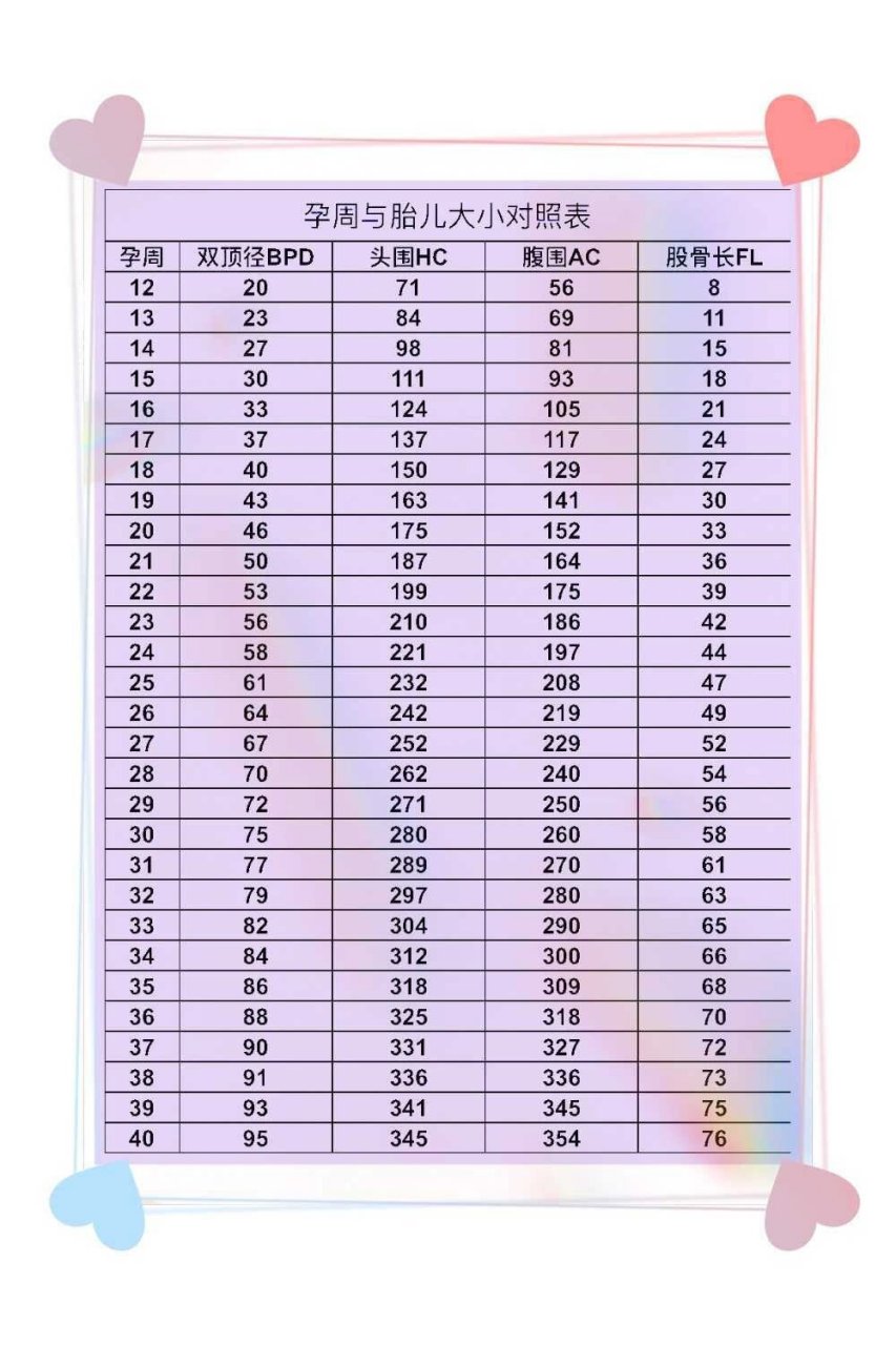 孕周与胎儿大小对照表 仅供参考,每家宝宝生长发育早晚不同,不要玻璃