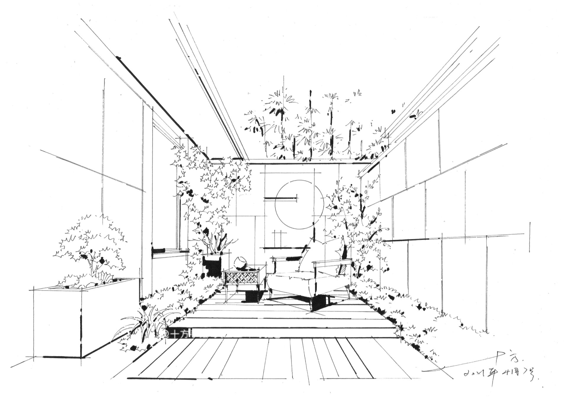 小清新的庭院手绘 植物想要表现的生动自然,线稿就要放松,抖线要灵活