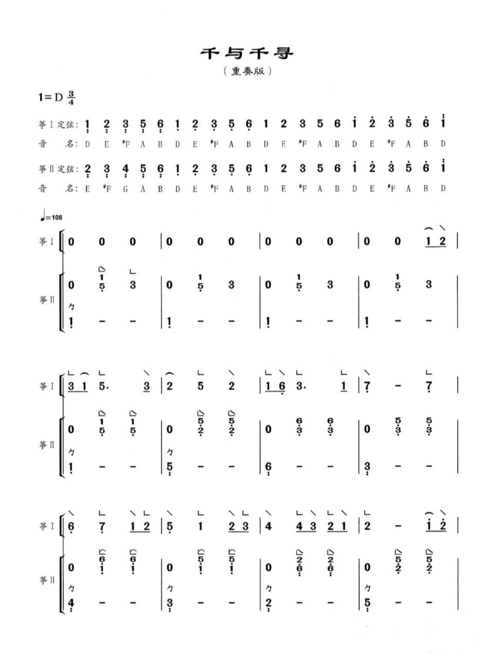 古筝《千与千寻》二重奏简谱曲谱 这个谱子,难度不大,学生达到中级学