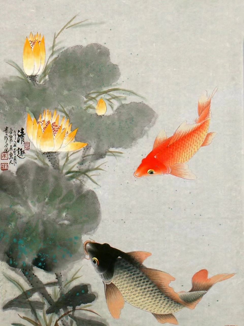 国画鲤鱼 祝各位事业连年有余 家庭和和美美 当代画鲤名家朱贵成精品