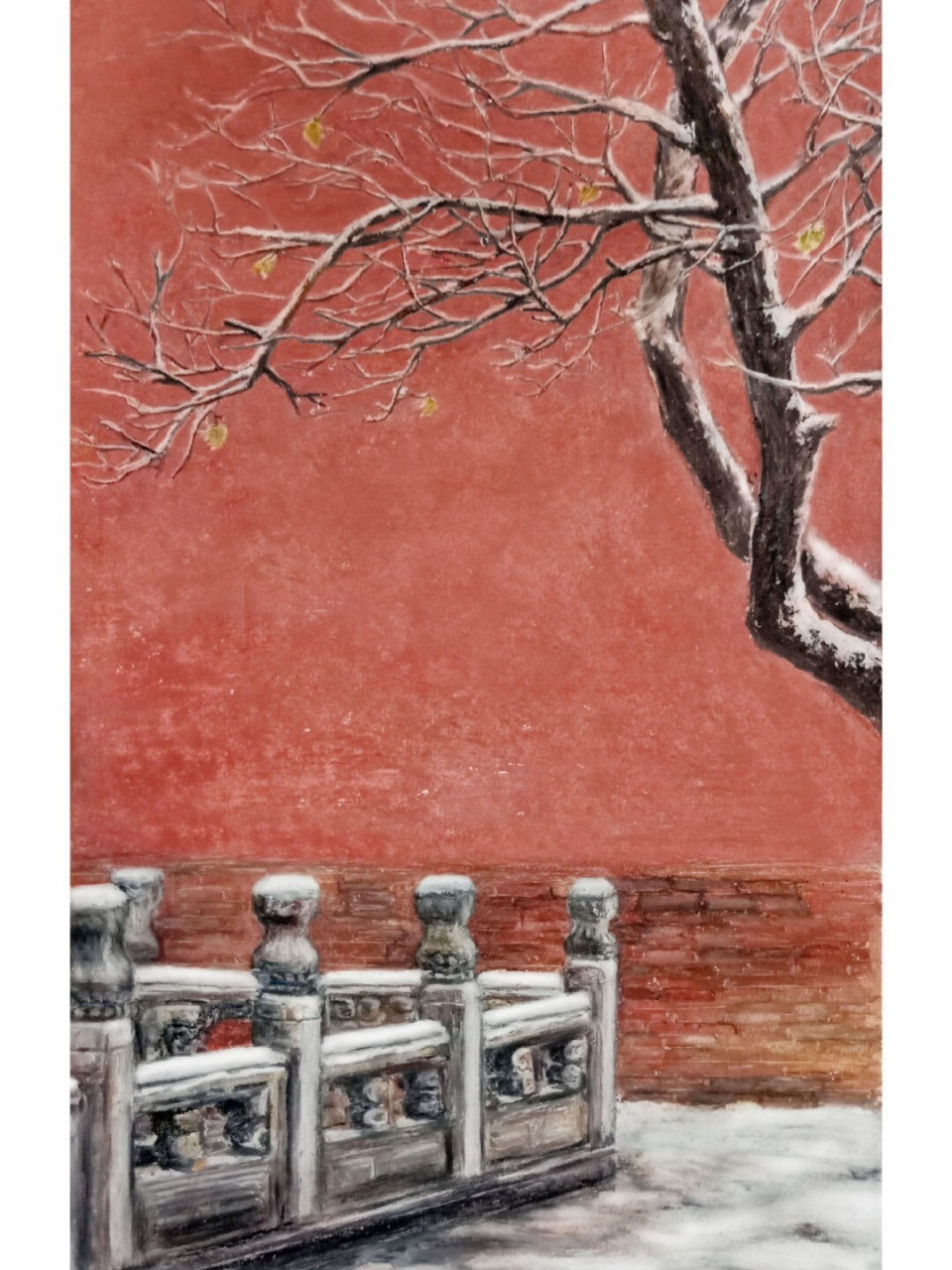 用油画棒画一张宫墙雪景大小8开,宝虹细纹水彩纸