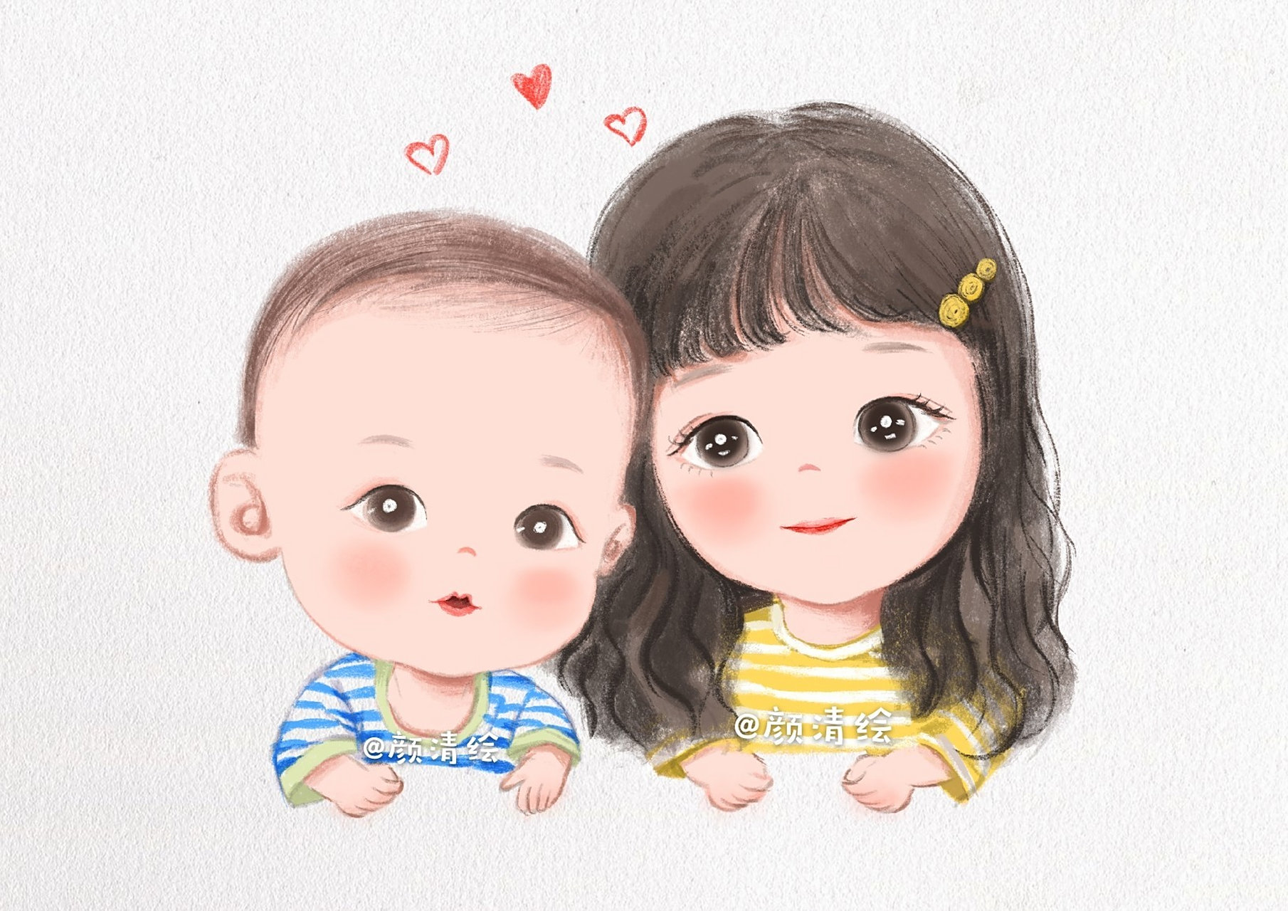 手绘可爱合照|姐弟头像 兄妹头像 全家福78 这是攒了很久才凑满发圈