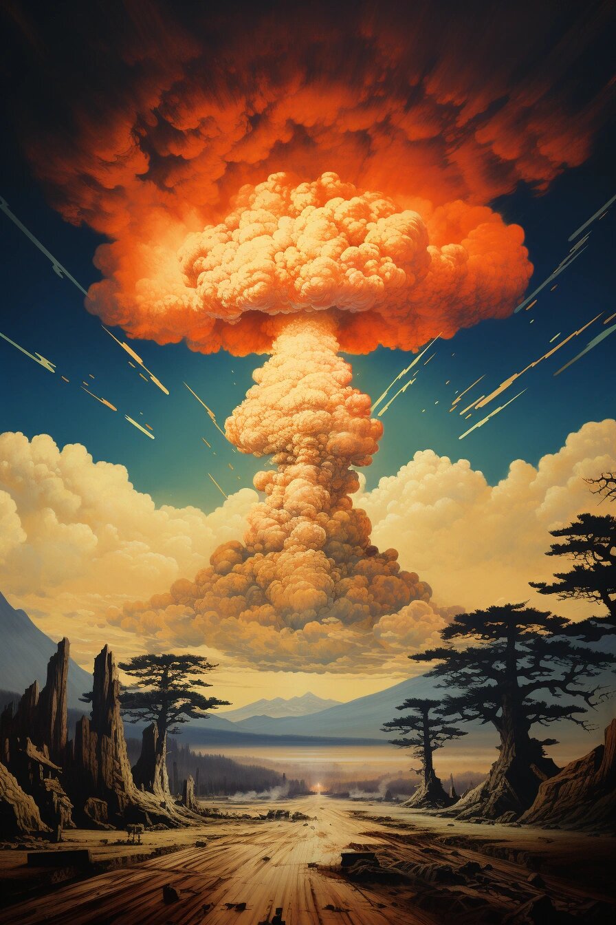 用浮世绘风格画核爆蘑菇云