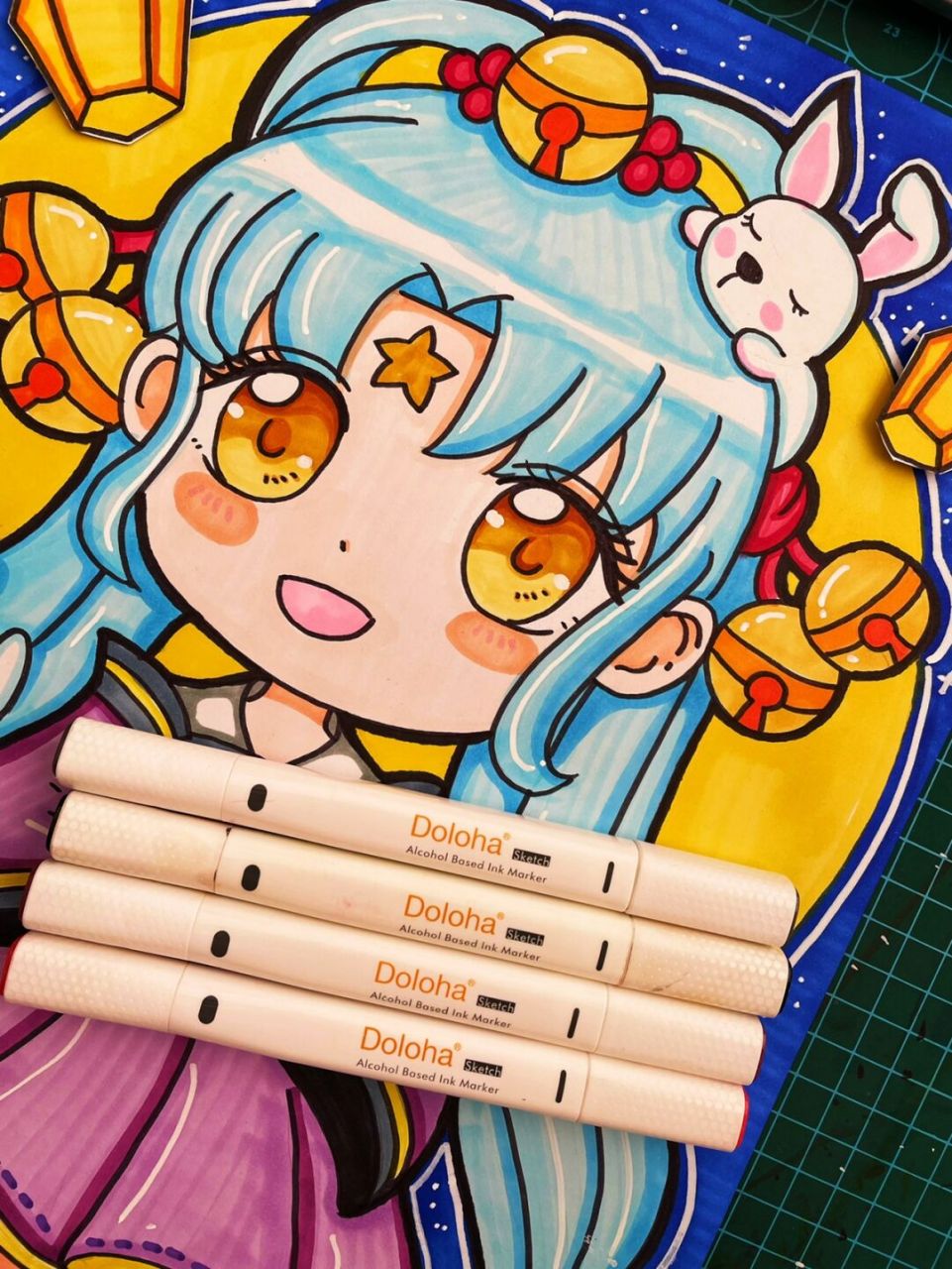 八月十五吃月饼04中秋节主题绘画,节日主题绘画 马克笔q版动漫人物