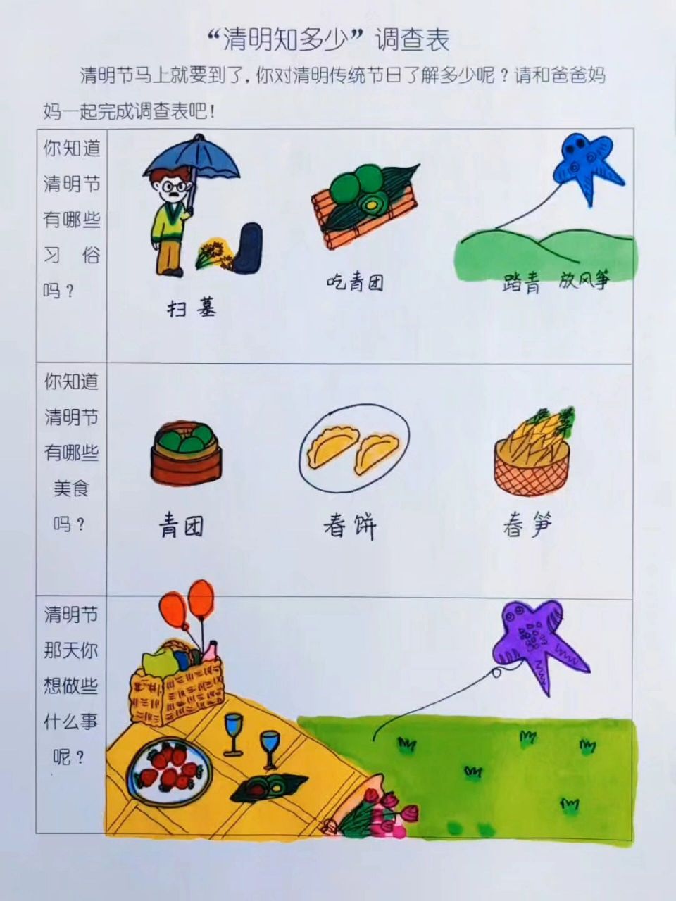 幼儿园作业系列--"清明知多少"调查表 清明习俗 清明美食 清明节可以