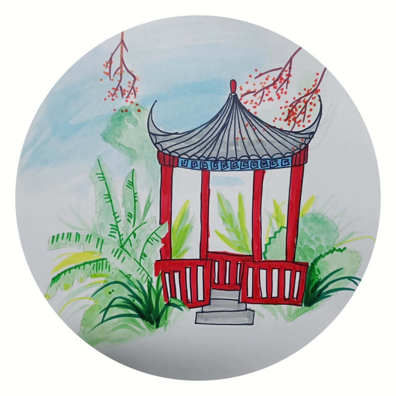 户外写生儿童画《凉亭》