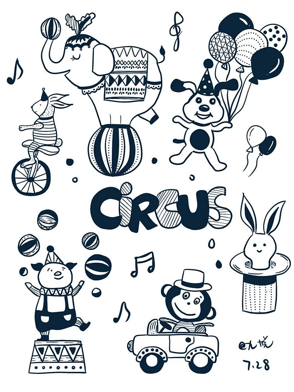 黑白简笔画|涂鸦|马戏团小动物 #一颗橘子手绘打卡#day4 马戏团小动物