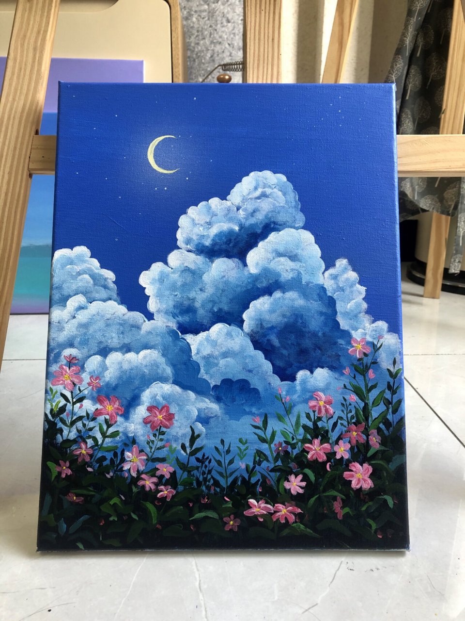 丙烯画|治愈系云朵7815蓝月光 第一次把云7815画好78星辰