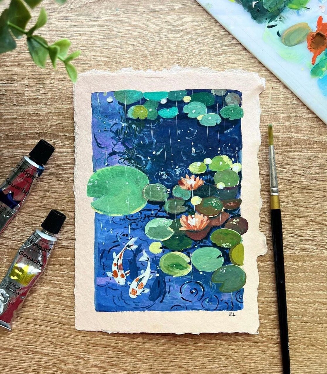 适合一二年级练习的夏日主题水粉画. 夏天到!一起来赏荷花,看锦鲤.