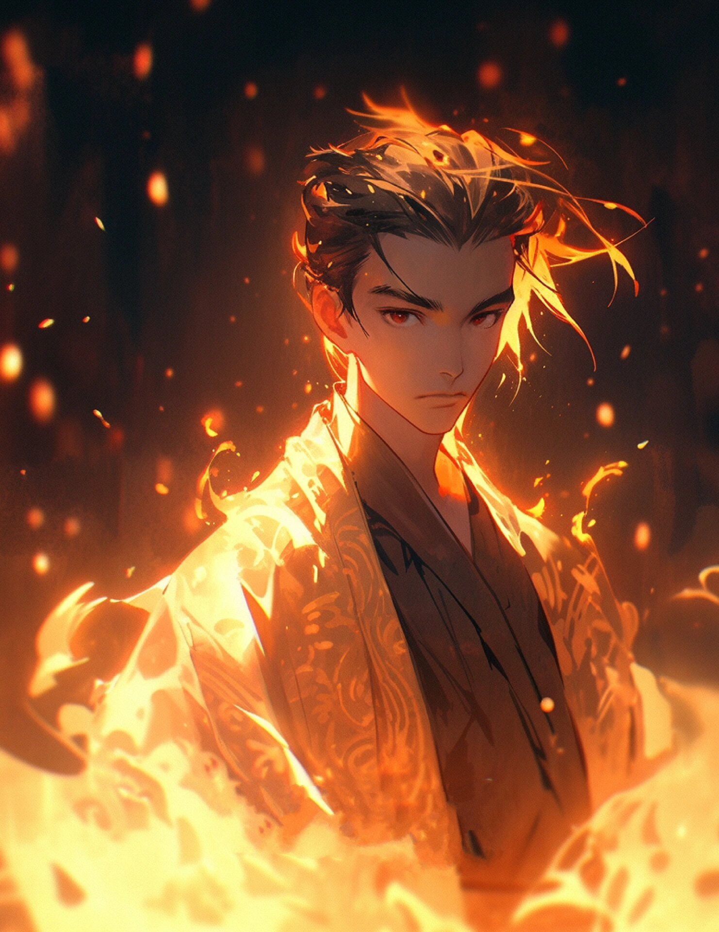 百炼成精,火焰头像 汉服帅哥,被火焰包围,背景是流动的火焰,插画cg