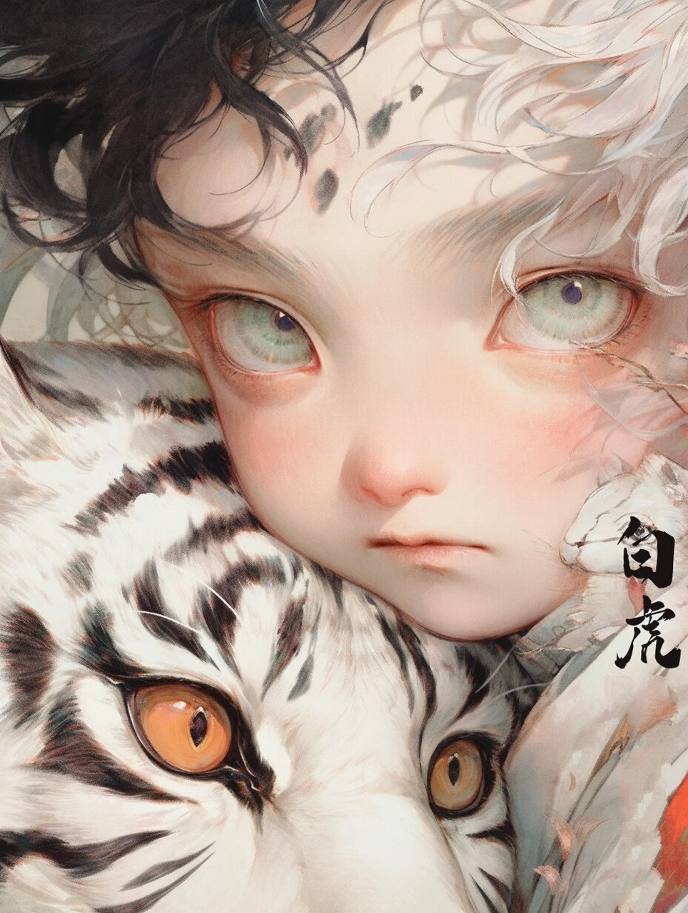 《观山海》国风系列头像-白虎 大猫,猫的特征属于萌系,和上一篇青龙拉