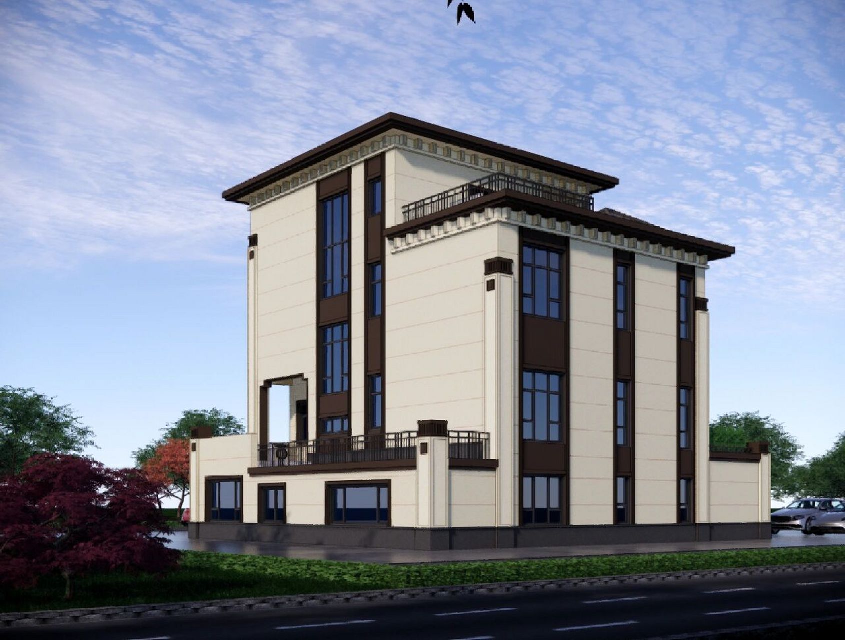 新中式自建房外墙喷水包砂效果图设计 新中式自建房外墙喷水包砂效果