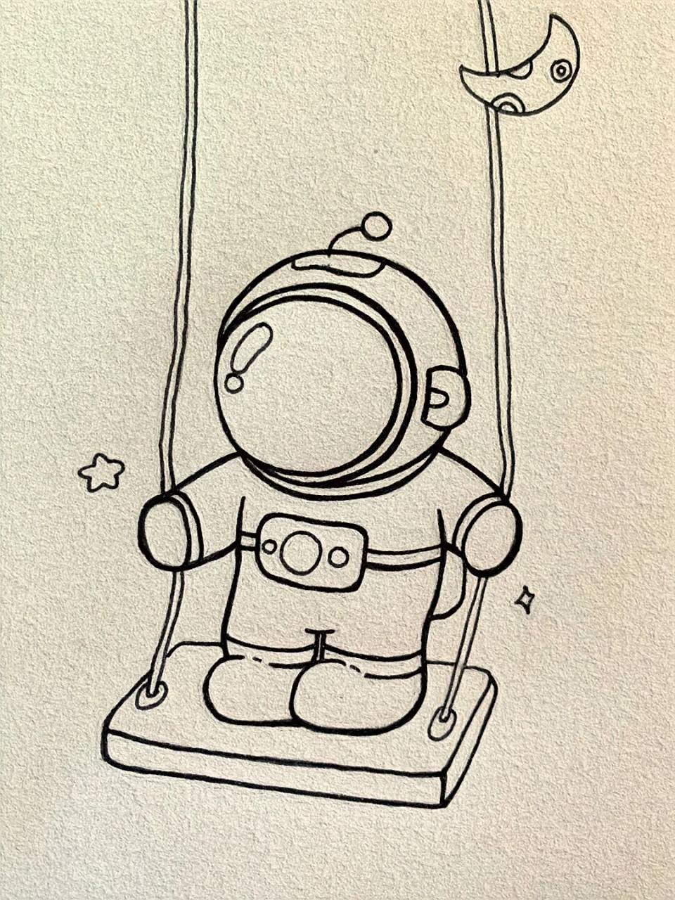 简笔画61插画-宇航员        与星月相伴,孤独也消散了许多.