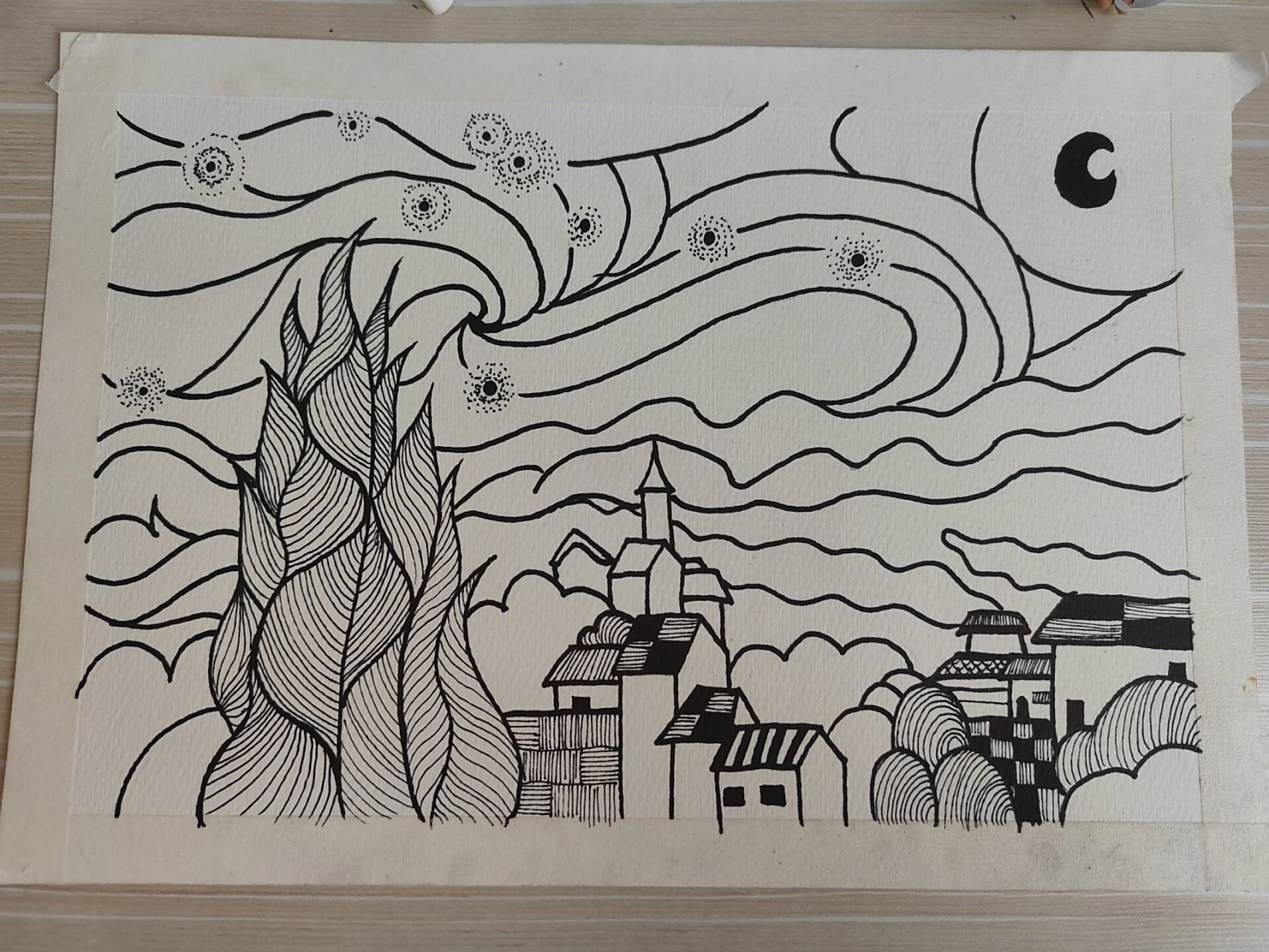 梵高星空黑白线描 尺寸:8k 喜欢的带走吧