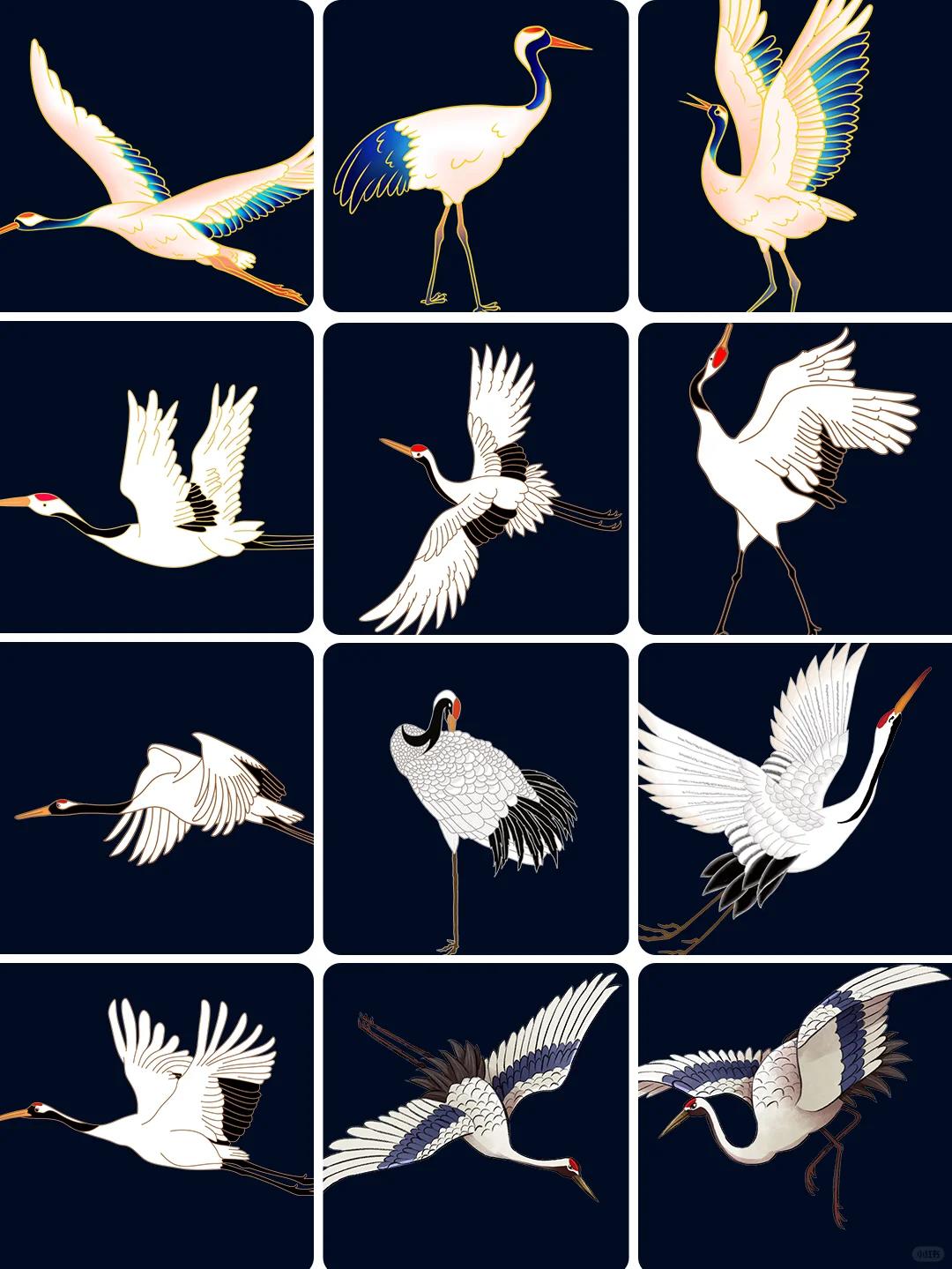 95【素材特点】 这套素材的特点是手绘插画风格,以仙鹤,白鹤,飞鹤为