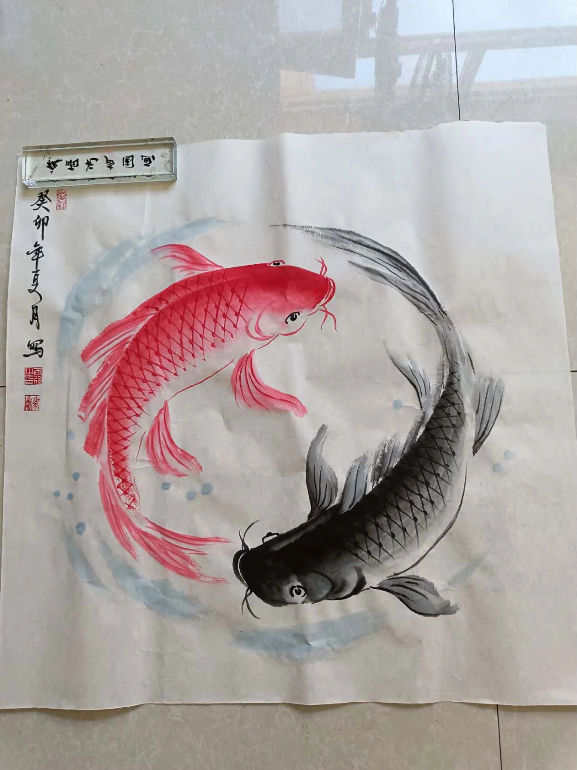 手绘斗方国画鱼乐图 第一副是客户定制的,第二副被县文化馆收藏