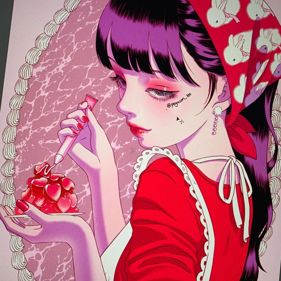 pegacon 韩国插画师 	 风格:大面积运用同系粉色描绘甜美女孩的叛逆