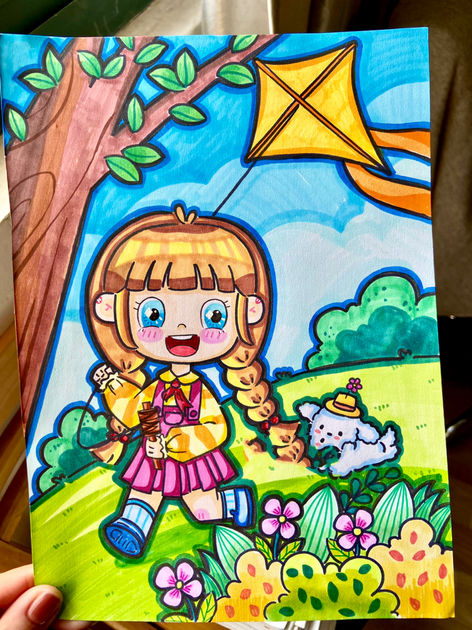 儿童画|《春天》《放风筝》 春天来了 和小伙伴一起郊游放风筝09