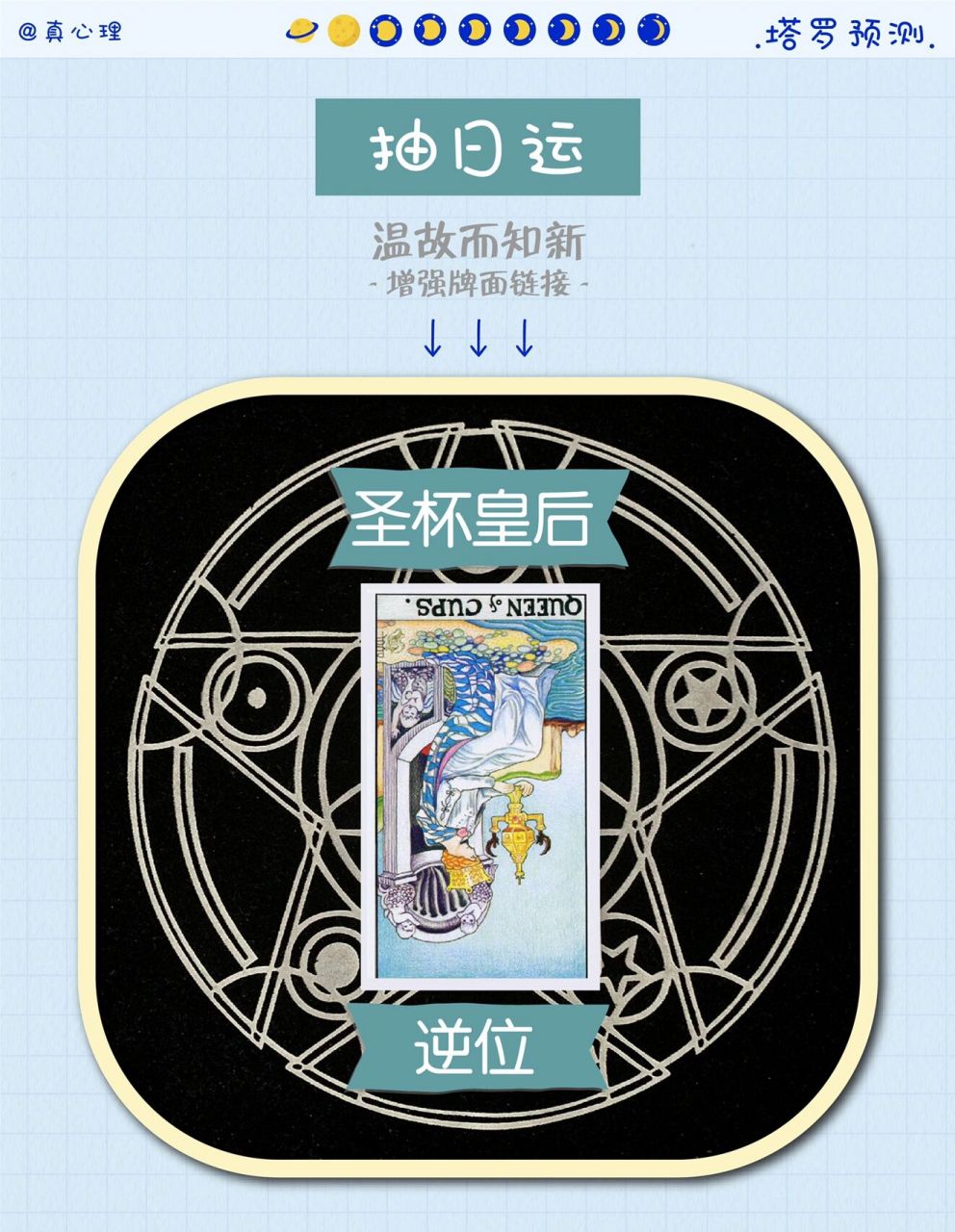 圣杯牌组 宫廷牌 queen of cups 圣杯皇后 逆位 关键词:沉迷,诱惑