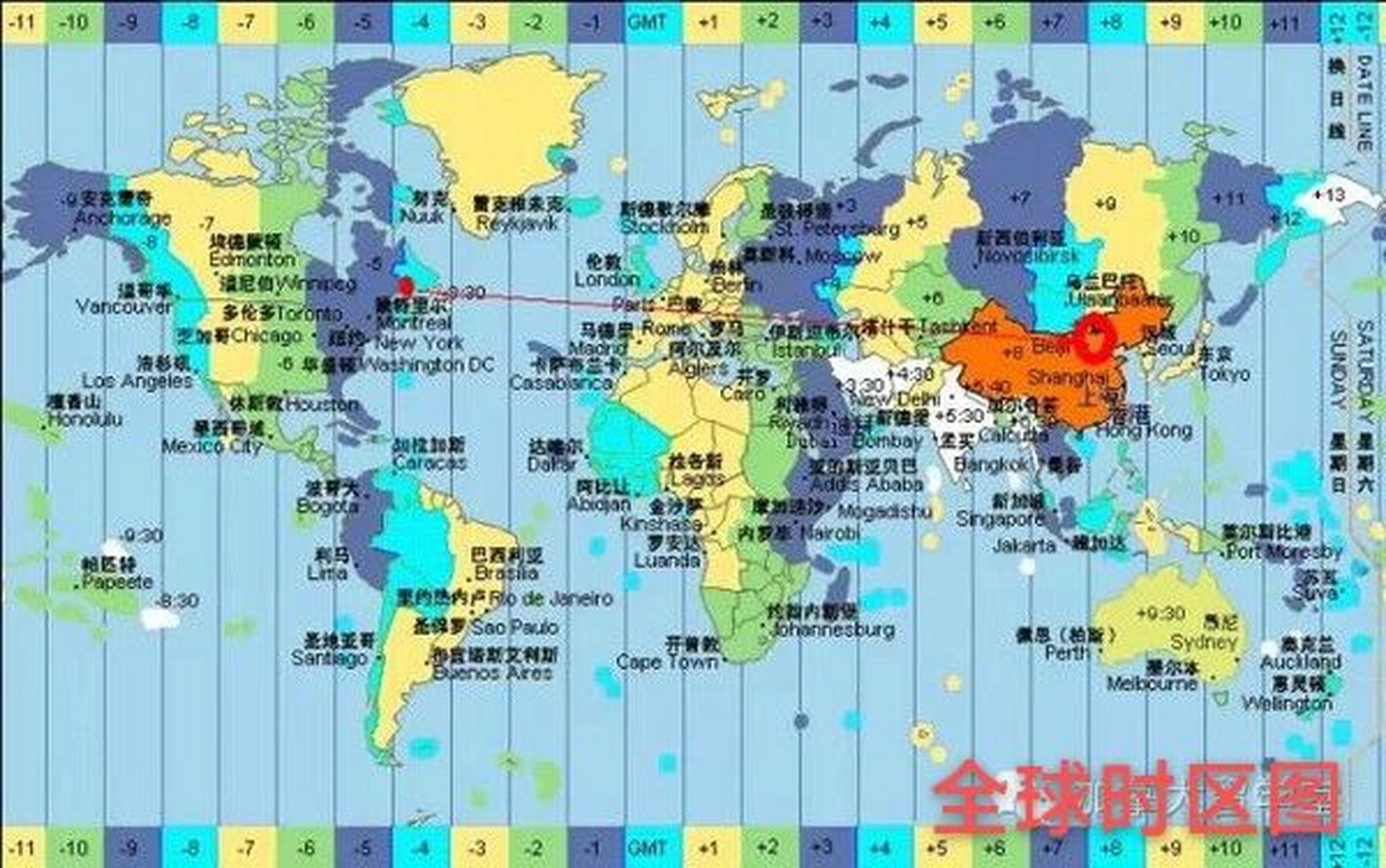 全球时区图 地球是自西向东自转,东边比西边先看到太阳,东边的时间也