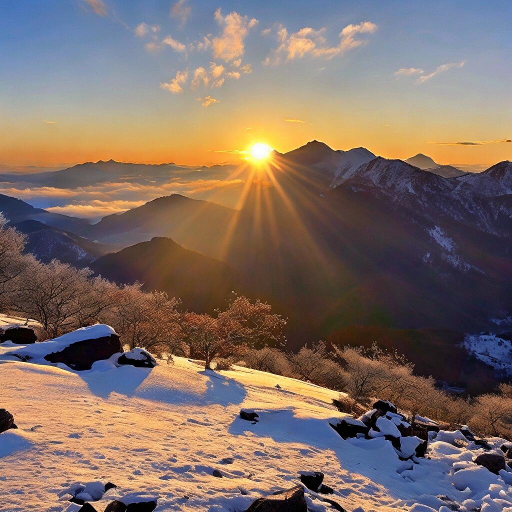 一幅日出时分的壮丽景色——日照金山 太阳的光芒照亮了冰冷的雪山,使