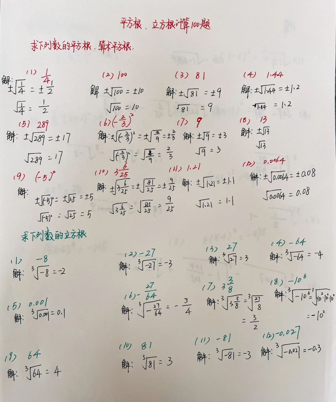 平方根立方根计算100题 平方根立方根计算题是我们计算中常用的,属于