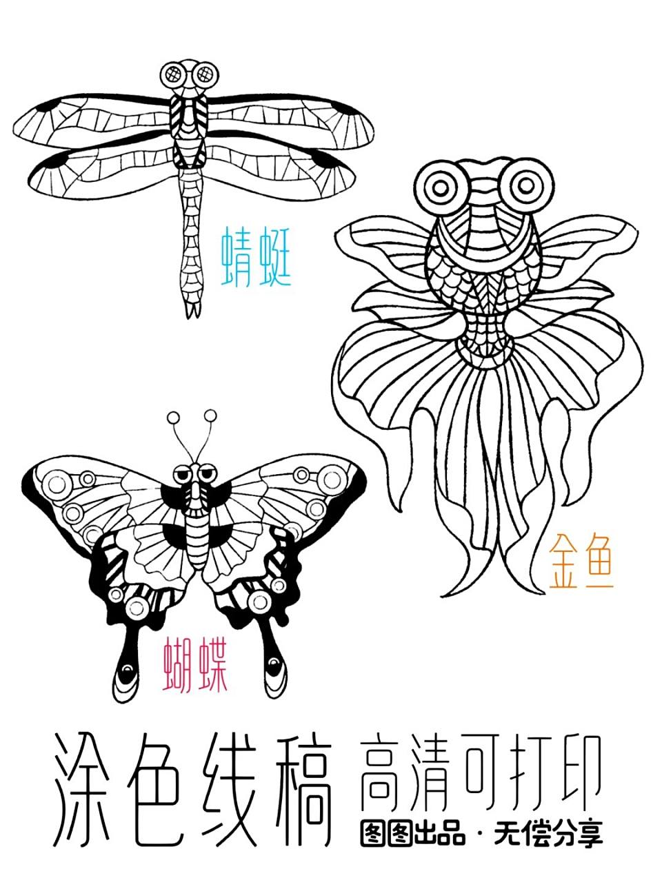 素材分享93蜻蜓蝴蝶金鱼高清卡通涂色线稿 哈喽~我是图图大耳朵09