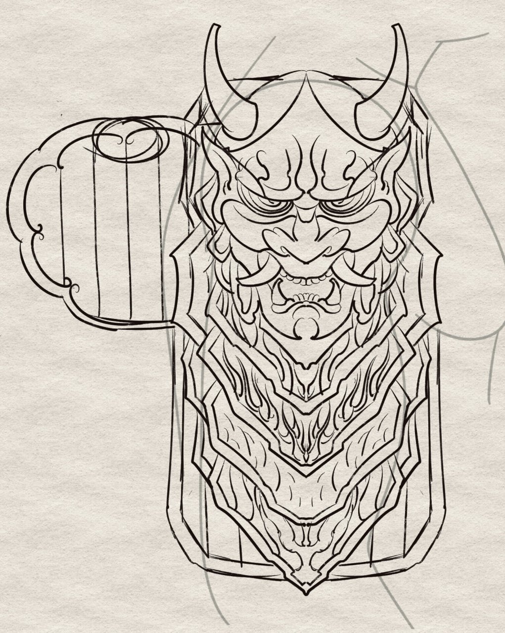 中国盔甲丨纹身手稿鬼怪遮盖    客人想要盔甲纹身 遮盖胸前和肩胛骨