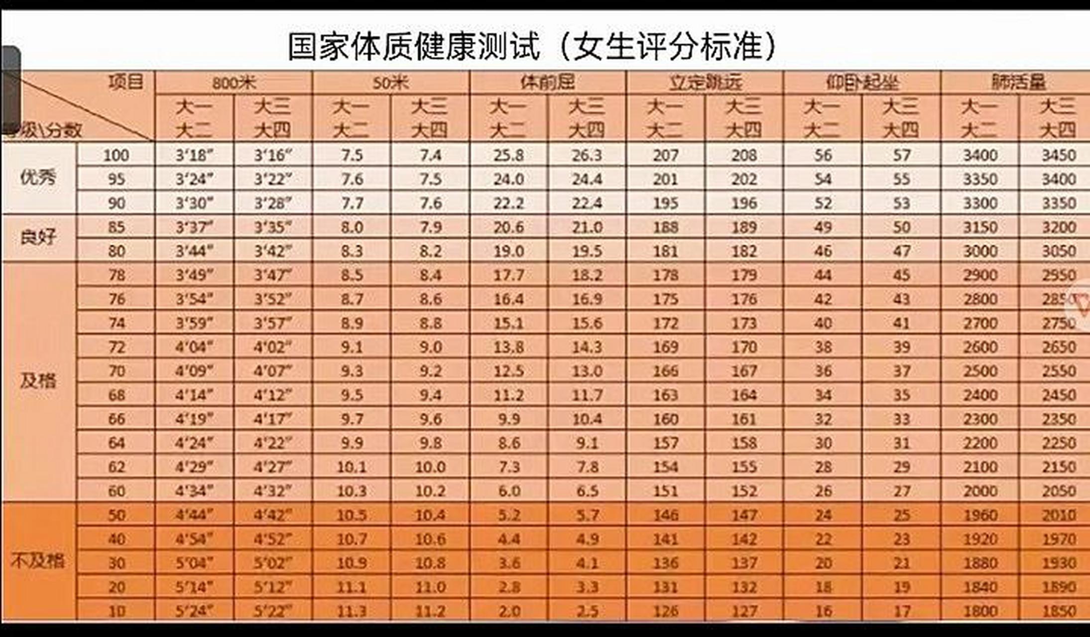 大学生体测表图片