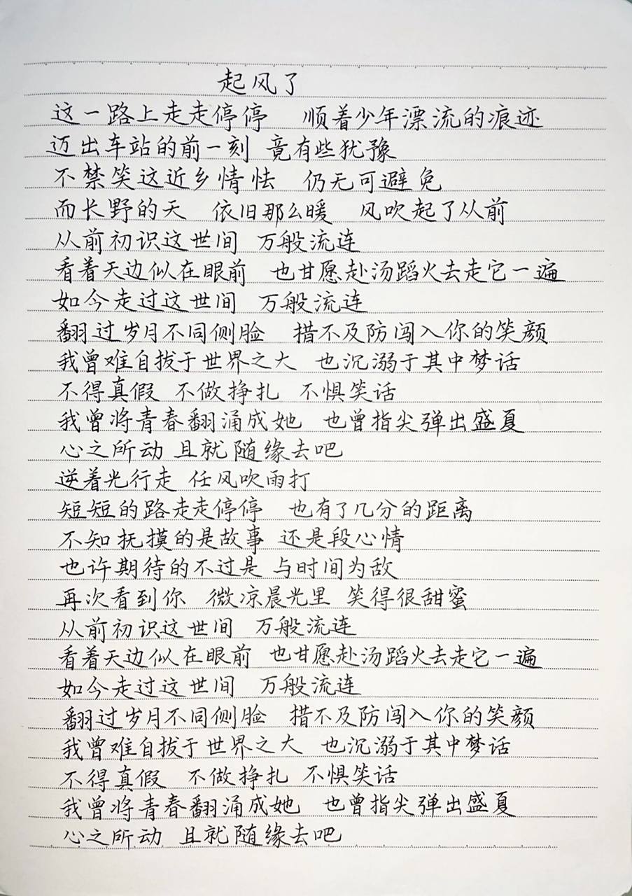 抄歌词:起风了    这一路上走走停停 顺着少年漂流的痕迹 迈出车站的