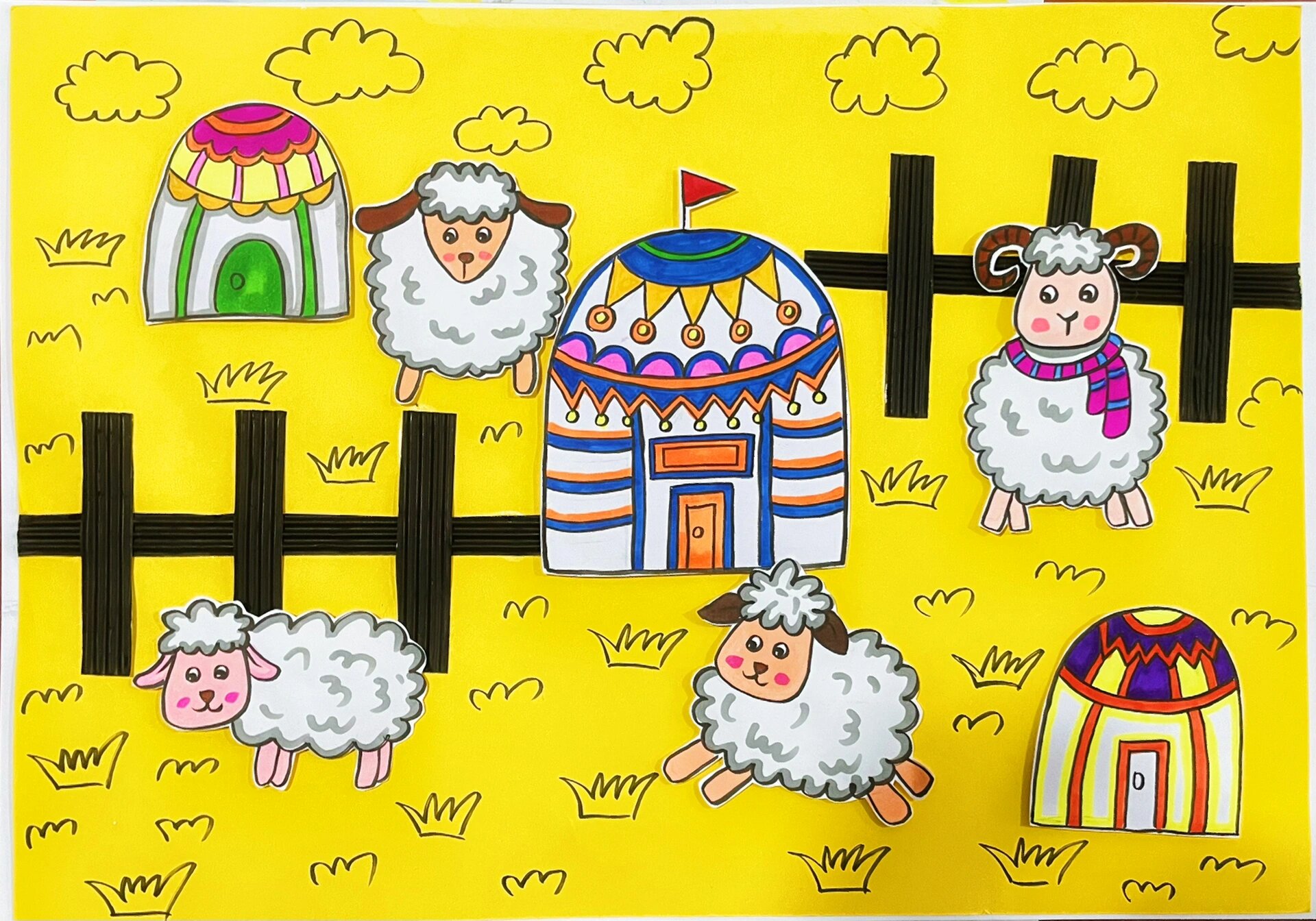 创意美术 《草原上的小绵羊》儿童画 创意画